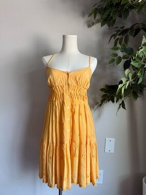 Urban Outfitters Embroidered Yellow Strappy Mini Dress Size Small